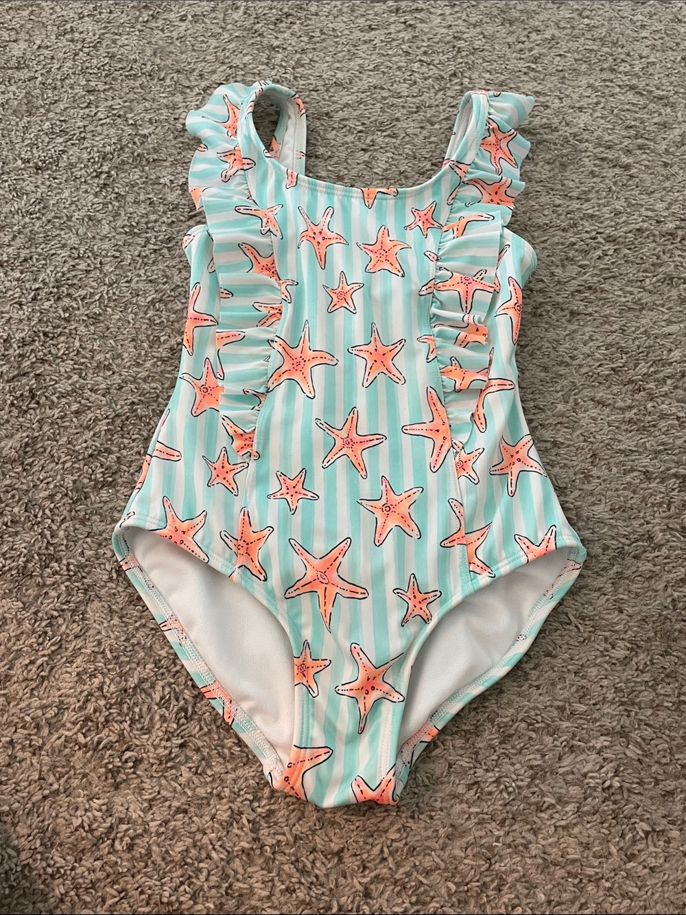 Cat & Jack Aqua Stripe One-Piece Swimsuit with Coral Starfish